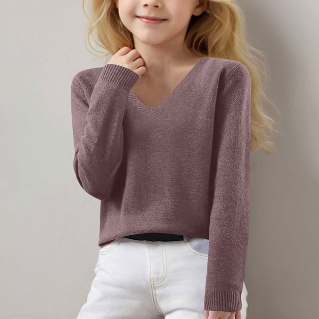MKOSPLRT V Neck Sweaters for kid Long Sleeve Lounge Knit Pullover Basic Solid Color Sweaters Soft Spring Sweaters Comzy Sweaters