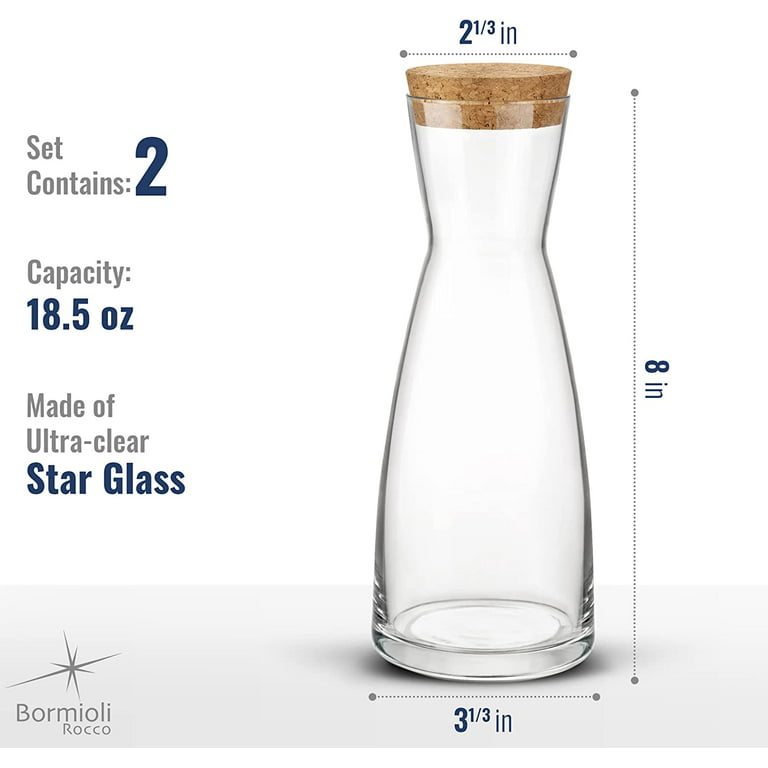 Bormioli Rocco Set Of 2 Ypsilon Carafe With Natural Cork Top Lid, 18.5 Oz.  Lead Free Star Glass Pitcher For Water, Juice, Ice Tea Or Wine.