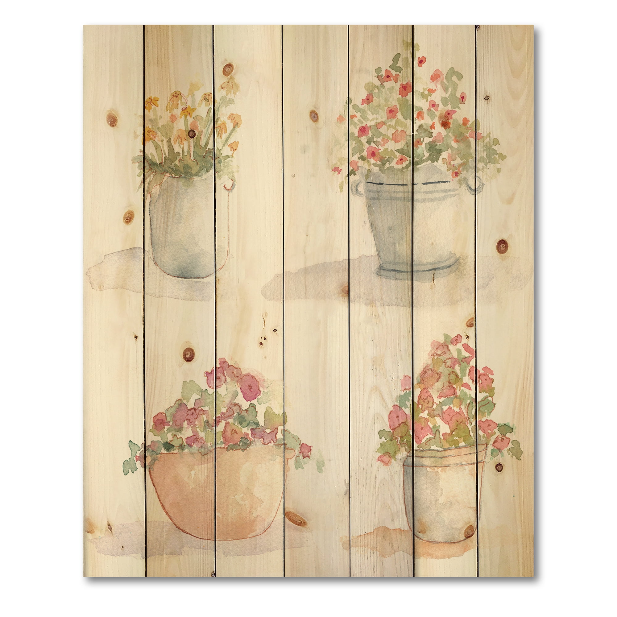 Designart 'Abstract Four Outdoor Flower Pots' Traditional Print on Natural Pine Wood
