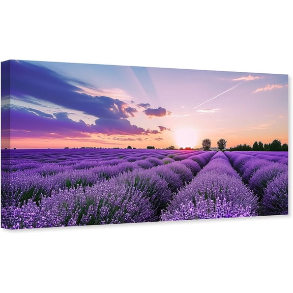 ZHONGYUTONG Lavender Field Wall Art Purple Flower Canvas Sunset Scenery Picture Floral Painting for Living Room Decor Framed (12.00" x 24.00")