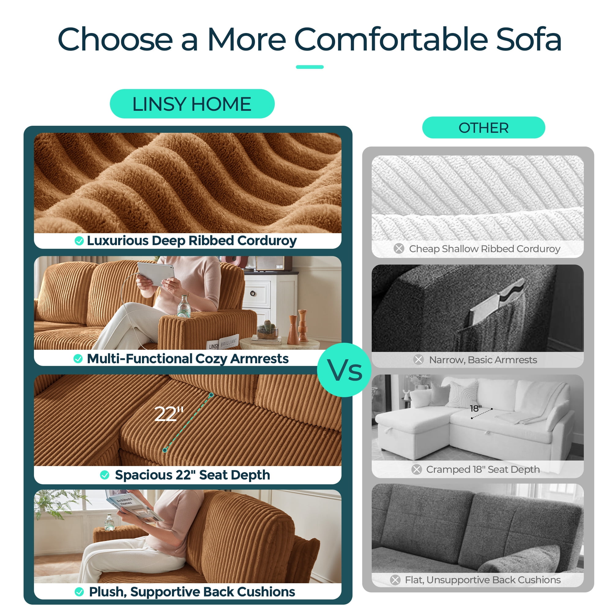 LINSY HOME U Shaped Sectional Couches for Living Room, Sofa Bed with Storage Chaise, Pull Out Couch Bed, Brown
