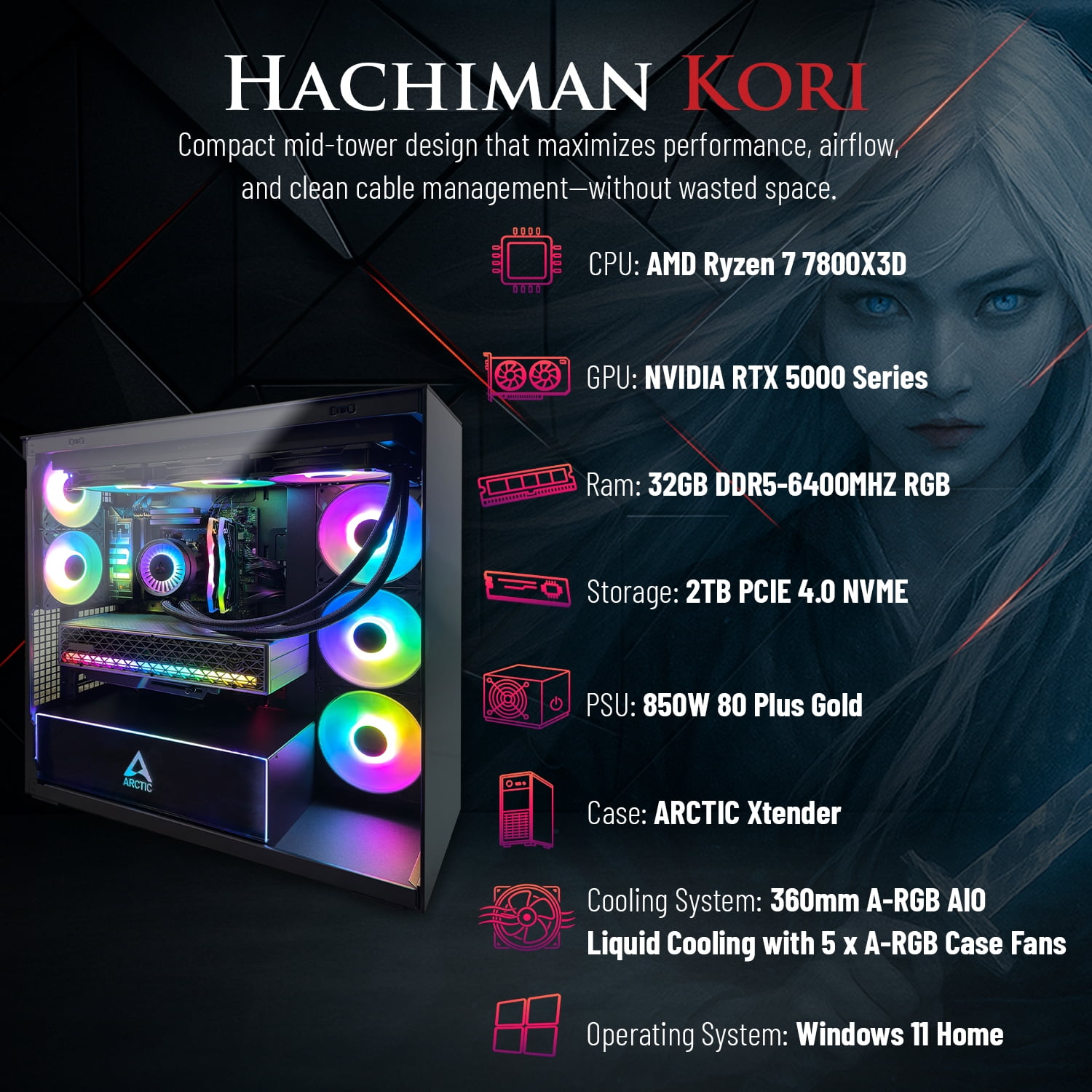 Hachiman PC Kori Gaming PC, AMD Ryzen 7 7800X3D, NVIDIA GeForce RTX 5070 12GB, 32GB DDR5 6000MHz RGB, 2TB Gen4 NVMe SSD, 360 A-RGB AIO, Wi-Fi 6, Windows 11 Home, Desktop Computer