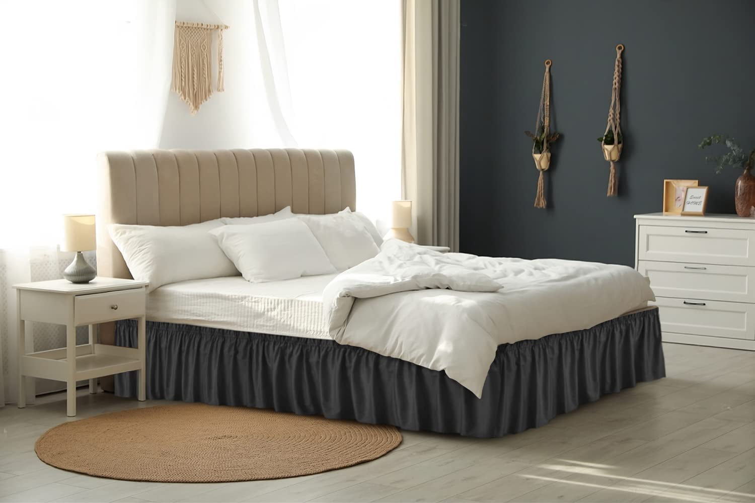CGK Linens Wrap Around Dust Ruffle Bed Skirt - For King Size Bed With 15 Inch Drop, Easy Fit Elastic Strap - Pleated Bedskirt, Black