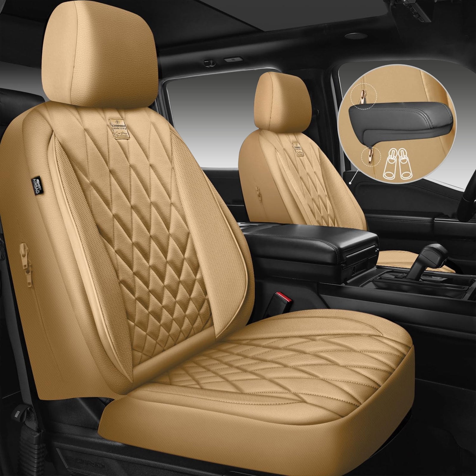CAR GRAND Piping Luxury Faux PU leather Full Set Car Seat Covers Water Proof Armrest Airbag Compatible Universal Fit SUV VAN Truck All beige