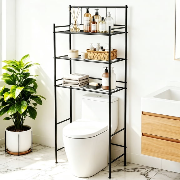 3-Tier Over the Toilet Storage, Over Toilet Storage Rack for Bathroom, Metal Bathroom Organizer Shelves Over Toilet, Black