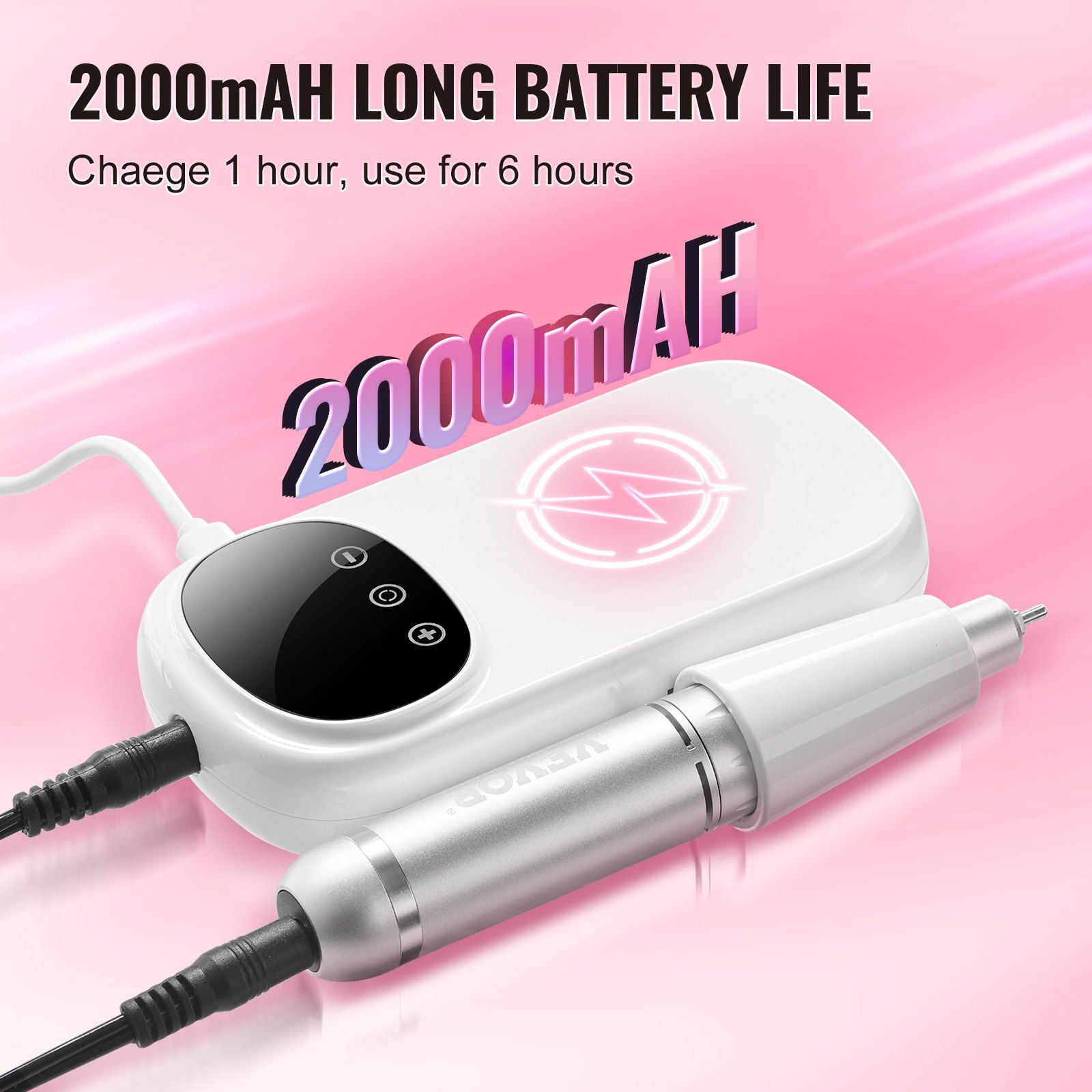 Electric Rechargeable Nail Drill 35000RPM Portable Cordless Nail File Machine with LCD Display 6 Bits 50 Sanding Bands for Manicure Pedicure