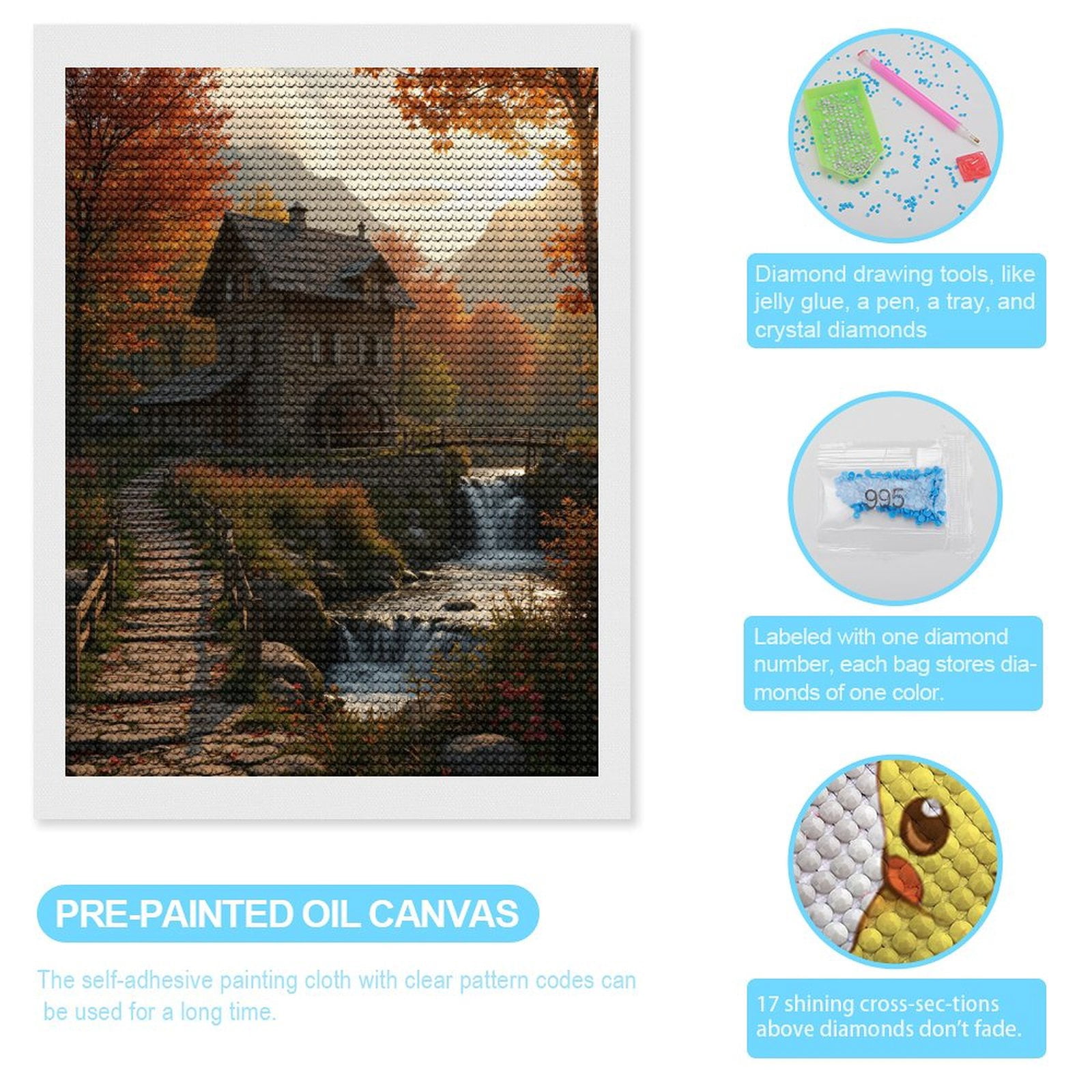 Diamond Art Kits for Adults, Rustic Autumn Mill House Scene 5D Diamond Painting Kits for Adults Beginners, DIY Full Drill Diamond Painting, Gem Art and Crafts 12x16