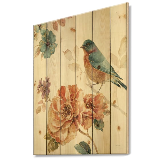 Designart 'Orange Flower Twig and Cottage Bird' Traditional Print on Natural Pine Wood