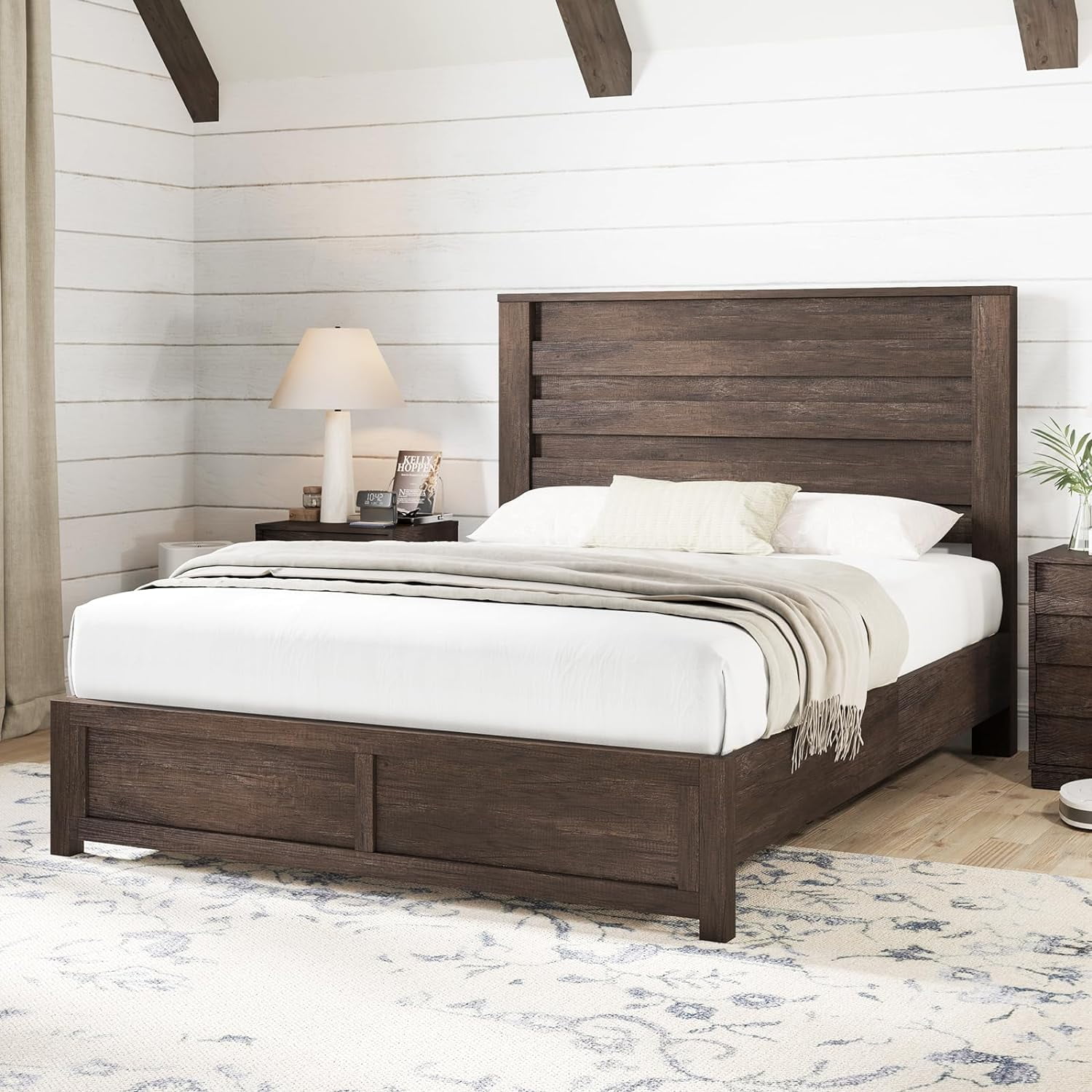LUXOAK Full Size Bed Frame with Natural Wood Platform, 49" Fluted Headboard, Grey