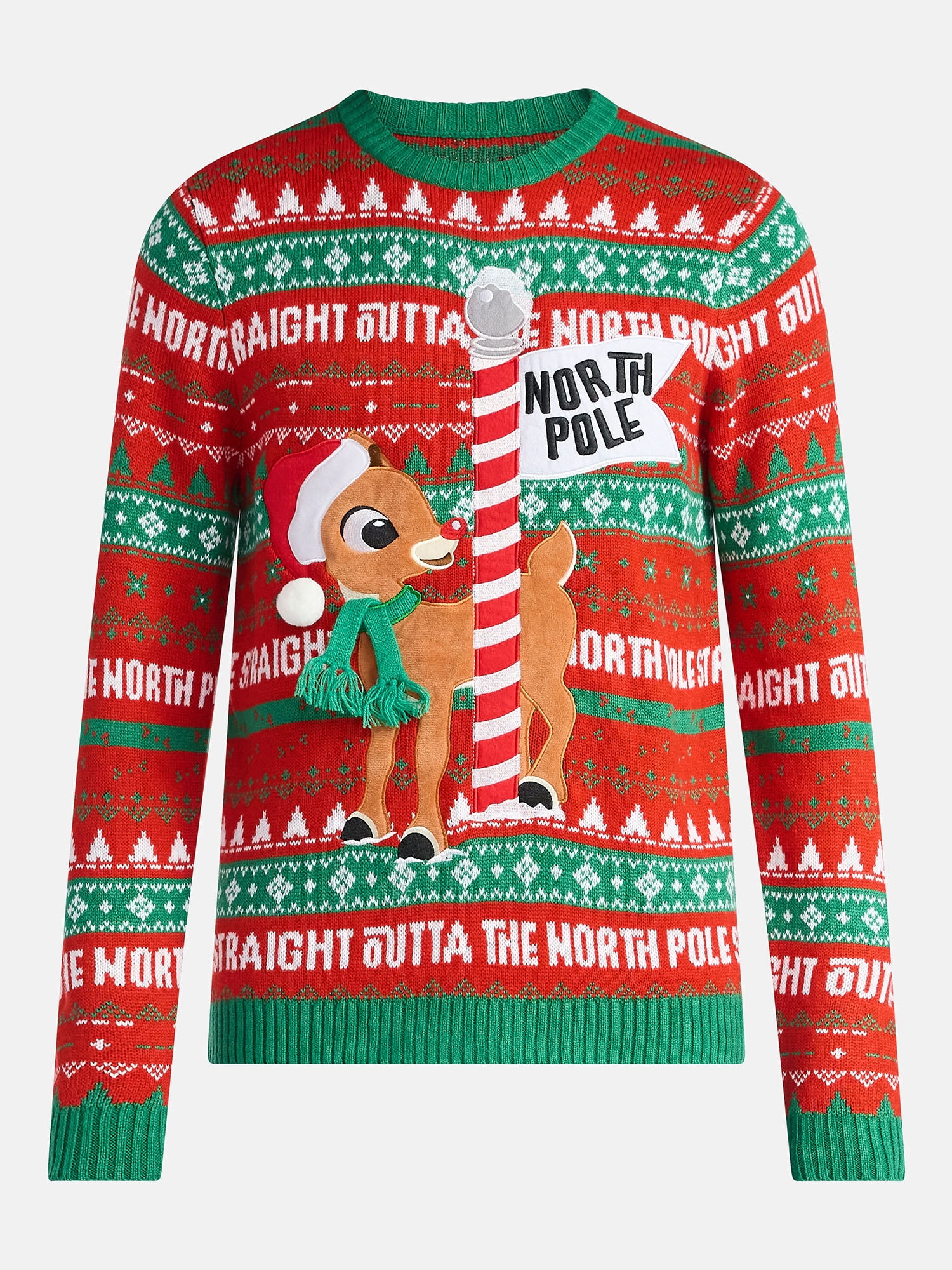 Rudolph The Red-Nosed Reindeer Men's North Pole Christmas Sweater, Midweight, Sizes S-3XL