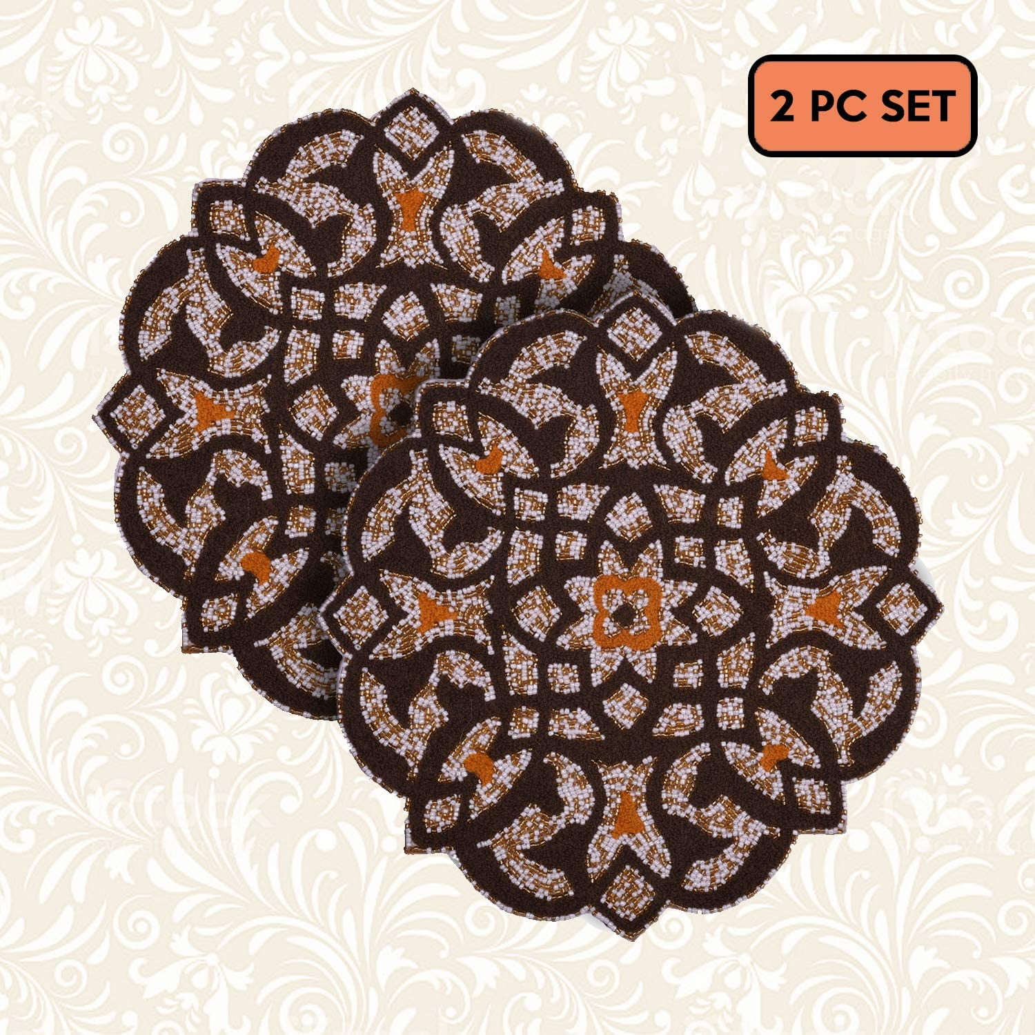 Decozen Embroidered Beaded Placemat 14" Round Set of 2 Brown/Gold Handmade w/Beads Scratchproof