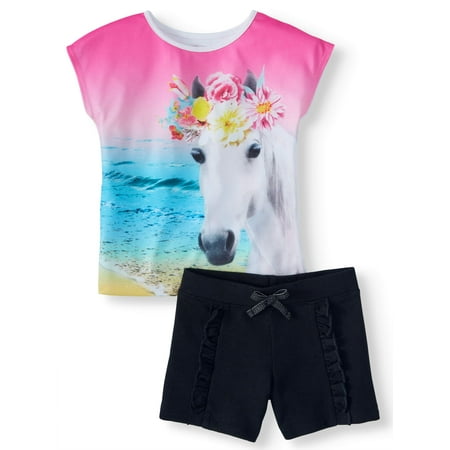 365 Kids From Garanimals Photoreal Graphic Top & Ruffle Short, 2-Piece Outfit Set (Little Girls & Big (Best Outfits For Honeymoon)