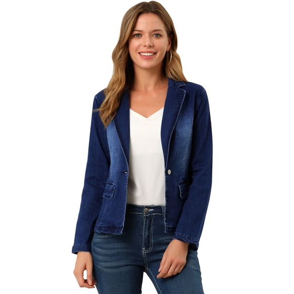 Chaqueta de mezclilla lavada de manga larga con botones y solapa con muesca para mujer Azul XL