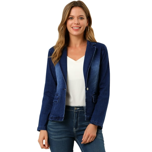 Chaqueta de Mezclilla Allegra K Manga Larga Botones Solapa con Muesca Azul M