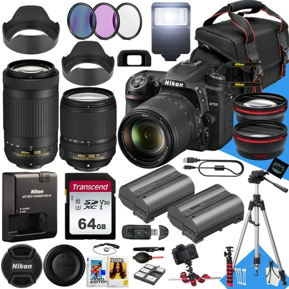 Nikon D7500 DSLR Camera with 18-140mm f/3.5-5.6G ED VR Lens And AF-P DX 70-300mm f/4.5-6.3G ED Lens   64 GB Memory   Hood   Extra Battery   Filters   Tripod   More (34pc Bundle)