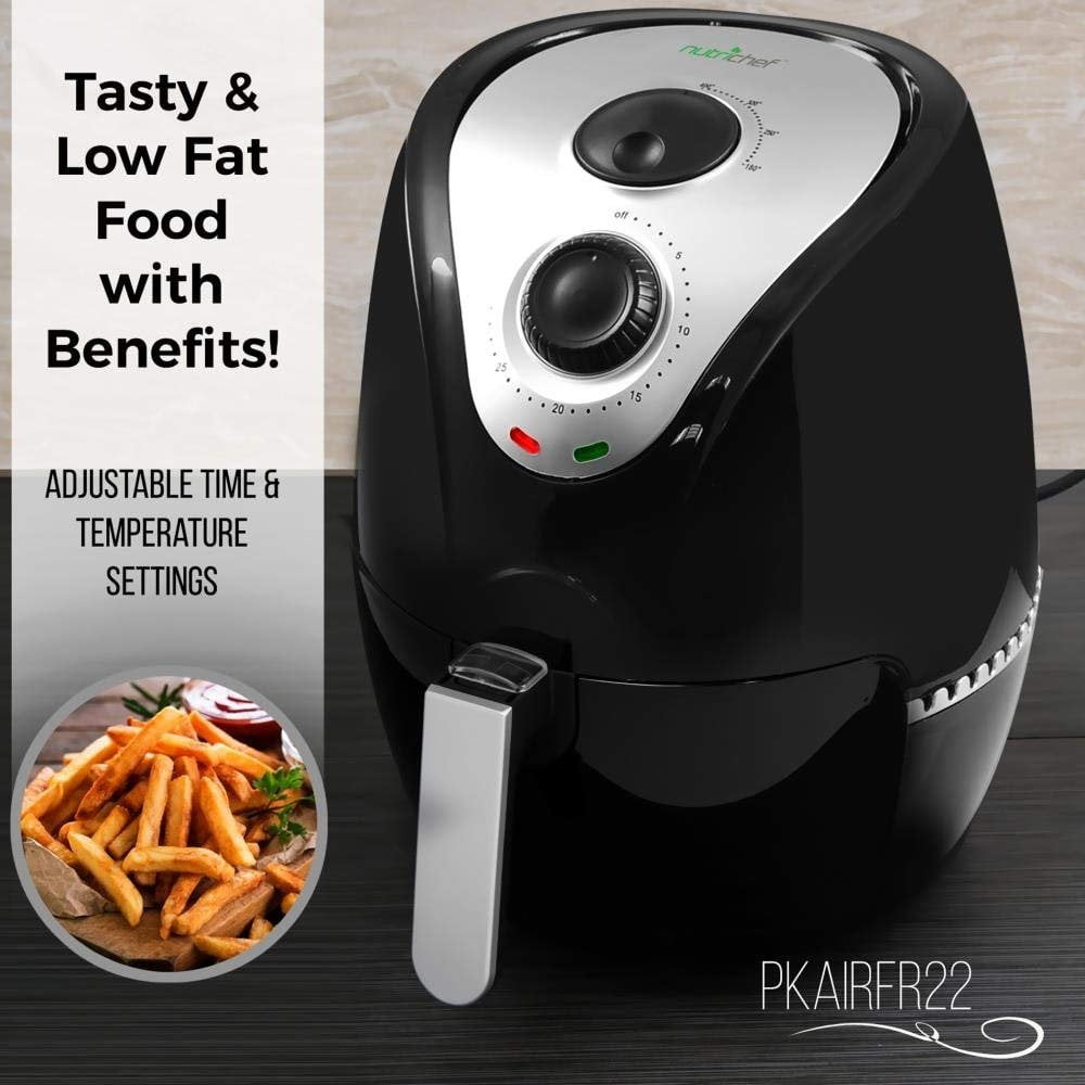 Black AZPKAIRFR25 w/ Rotary Controls Cooks Healthy Oil-Less Recipes NutriChef 2.7 Qt Air Fryer Oven Pan Electric Hot Convection Power Stainless Steel Kitchen Multi Cooker w/ Basket 
