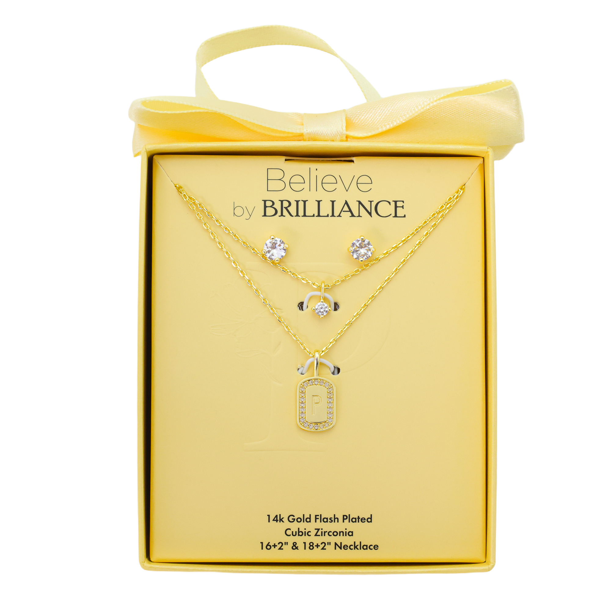 Believe by Brilliance Women's 14Kt Gold Flash Plated Cubic Zirconia Double Layer Tag "P" Necklace and Earring Set