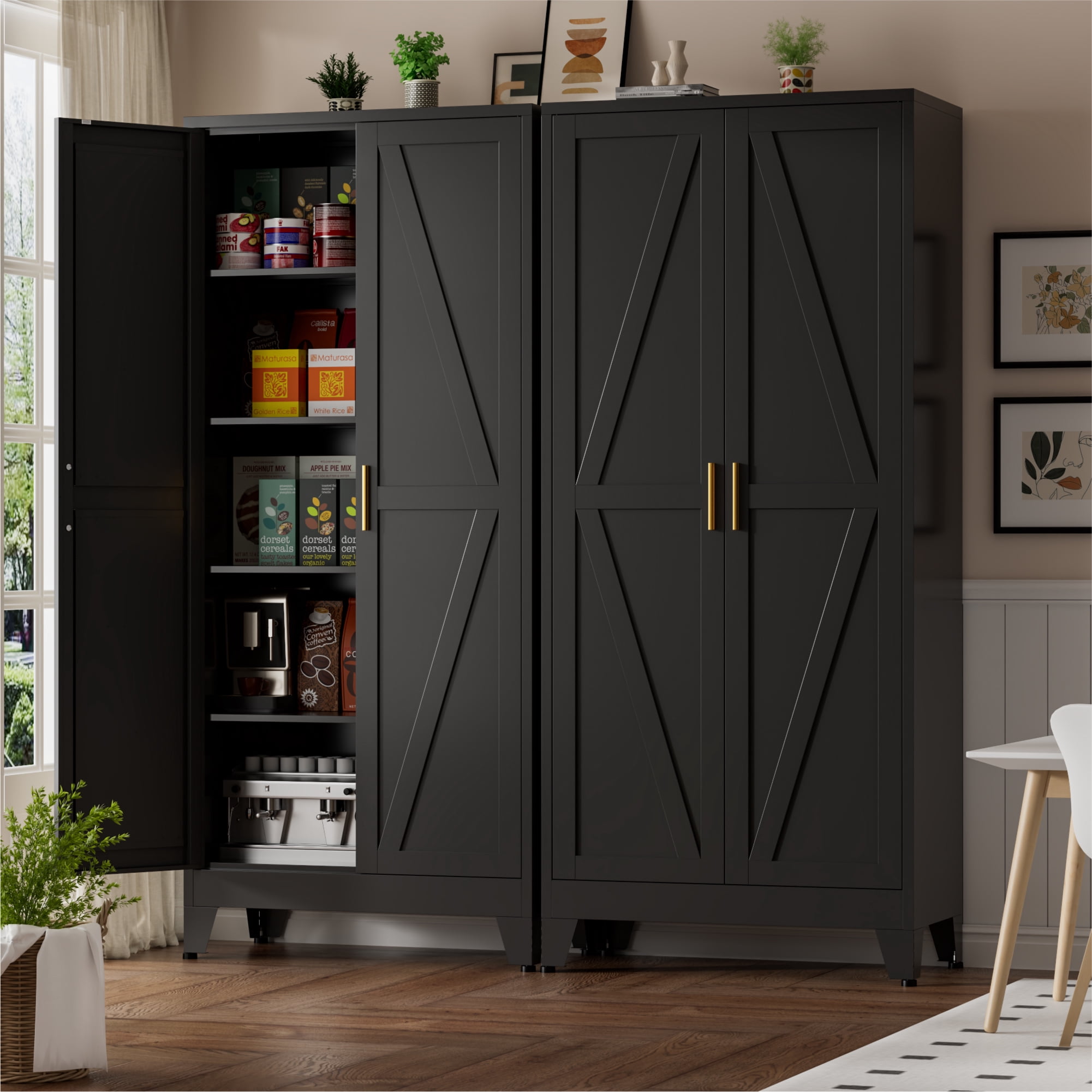 CHSHIN Metal Kitchen Pantry Cabinet,71" Black Farmhouse Storage Cabinet with 2 Vintage Barn Doors and 4 Adjustable Shelves, Rustic Freestanding Cupboard for Kitchen