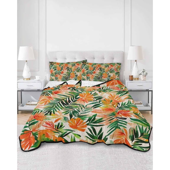 Quilts Full Size, Orange Green Palm Leaves Soft Comforter Bedding Set for Bed, Summer Tropical Floral Lightweight Quilted Bedspread with Pillow Cover(2 Pieces) for All Season, 78x90 Inch