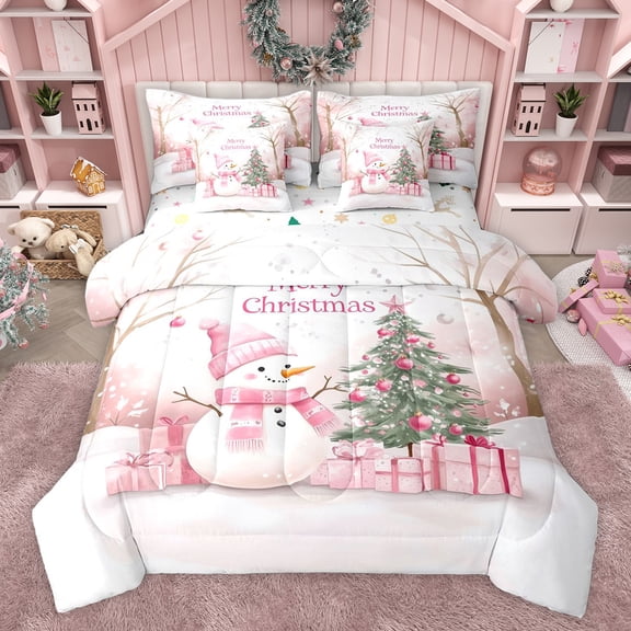 Feelyou Cute Pink Snowman Bedding Comforter Set 7 Pieces for Kids, Dreamy Pine Tree Full Bedding Set, Cartoon Christmas Tree Reversible Fitted Sheet Flat Sheet, Ultra Soft Bedroom Decor