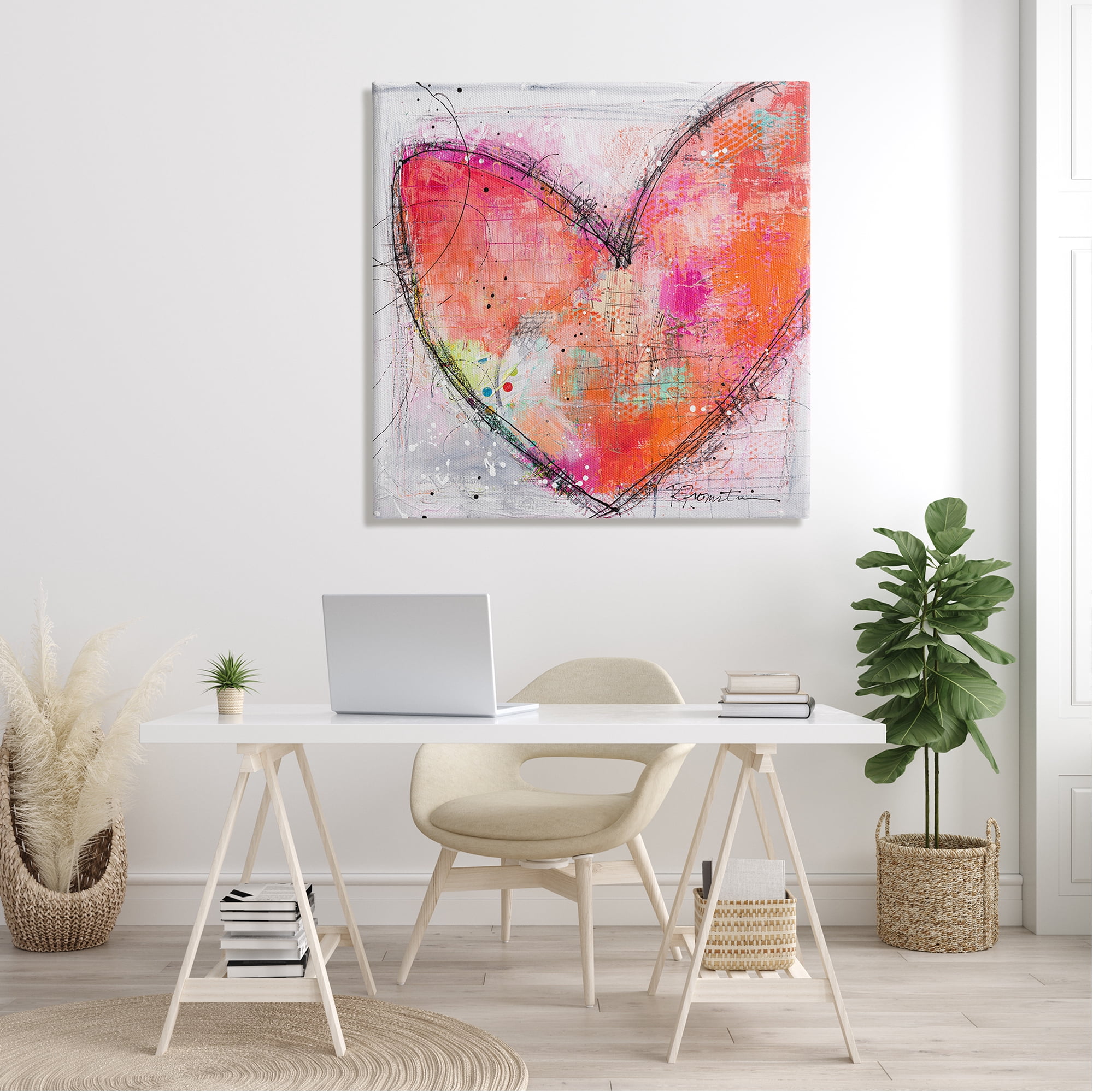Red Paint Splatter Heart Black Hatching Design Abstract Painting Gallery-Wrapped Canvas Print Wall Art