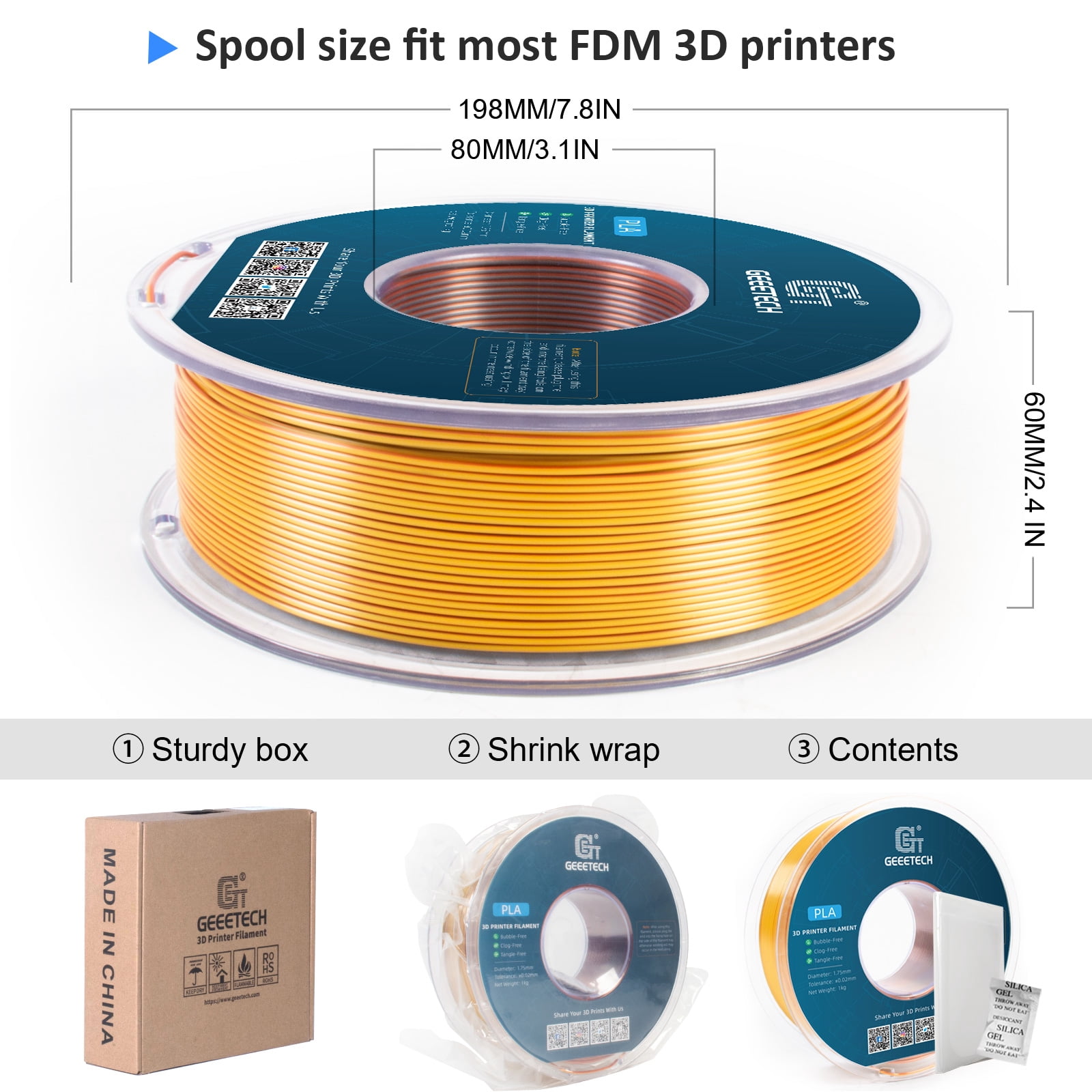 Geeetech Tri Color Silk PLA Filament , 3D Filament 1,75 mm 1KG Spool Wire  ( /-0.03mm) Vacuum Packaging, Special Color，Fast Ship