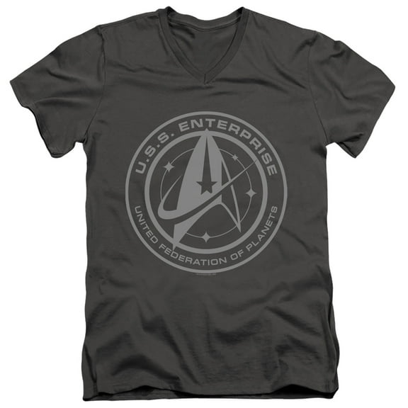 Star Trek Discovery Enterprise Crest Adult V-Neck 30/1 T-Shirt Charcoal