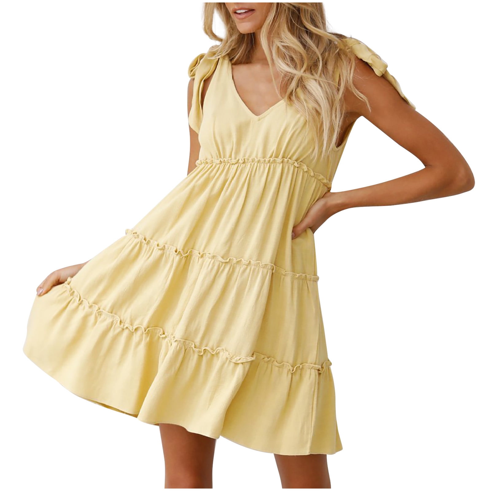 Casual Summer Dresses for Women Cute V Neck Sleeveless Solid Color Tiered  Dress Ruffle Strappy Flowy Swing Mini Dress - Walmart.com