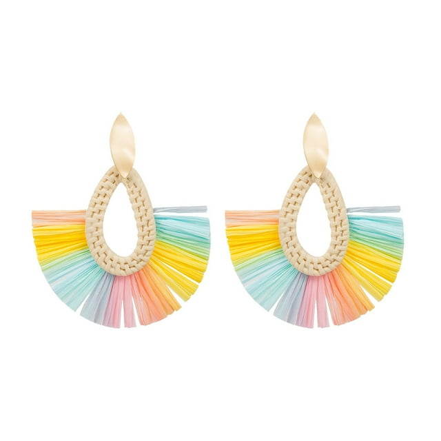 Bohemian Rattan Handmade Raffia Geometric Round Earrings Ladies Jewelry