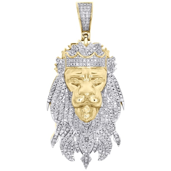 10K Yellow Gold Round Diamond Lion Head Pendant 2" Statement Pave Charm 0.55 CT.