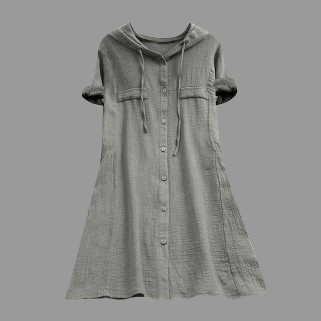 Pisexur Robe à Manches Courtes à Col Rond Mode Femmes Robe à Capuche Unie à Manches Courtes Robes Mini à Boutons pour Dames Blouses pour Femmes en Liquidation