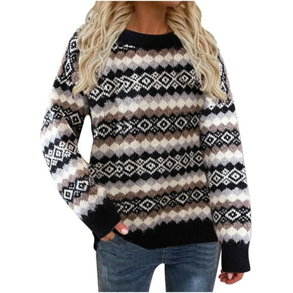 Ernkv Women's Top Plus Size T-Shirts For Girlfriend Wife Daughter Round Neck Long Sleeve Argyle Graphic Winter Warm Sweater Comfy Casual Dressy Loose Pullover Blouse Black L