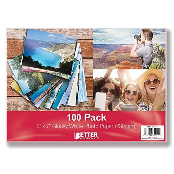 Glossy Photo Paper, 5 x 7 inch, 100 Sheets, by Better Office Products, 230 gsm, 5 x 7, 100-Count Pack