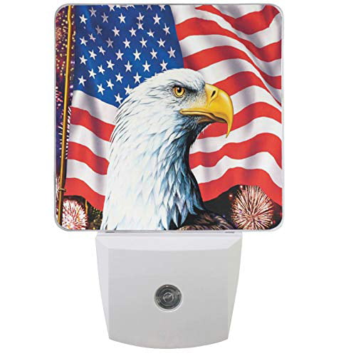 Vdsrup American Flag Eagle Night Light Set of 2 Patriotic 4th of July Plug in LED Nightlights Memorial Day Auto Dusk-to-Dawn Sensor Lamp for Bedroom Bathroom Kitchen Hallway Stairs