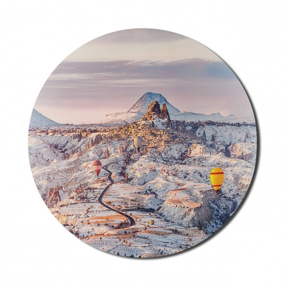 Winter Mouse Pad for Computers, Cappadocia Turkey Landscape with Hot Air Balloons Anatolia Valley Geology Tourism, Round Non-Slip Thick Rubber Modern Mousepad, 8" Round, Multicolor, by Ambesonne