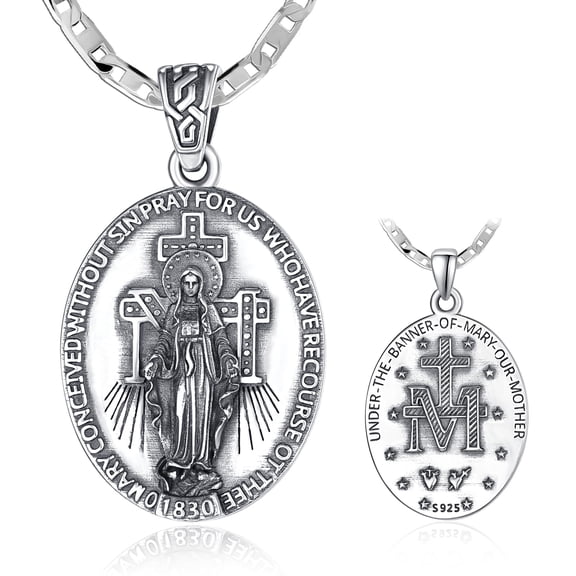 TANGPOET S925 Sterling Silver Miraculous Medal Necklace, Double Sided Virgin Mary Pendant Jewelry for Men Women Daily Wear