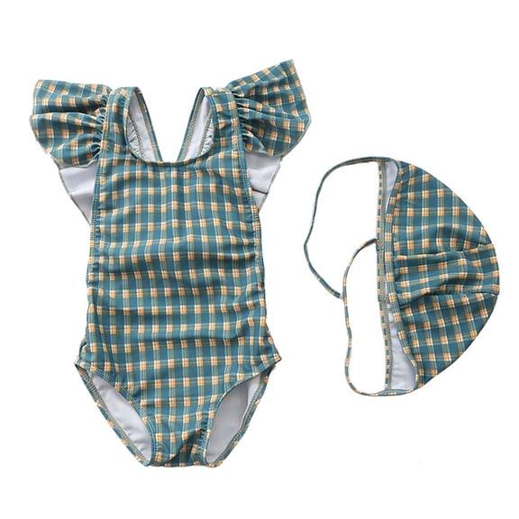Hrsba Plaid Baby Swimsuit Girl 1 Piece Swimwear with Swim Cap Summer Swimwear
