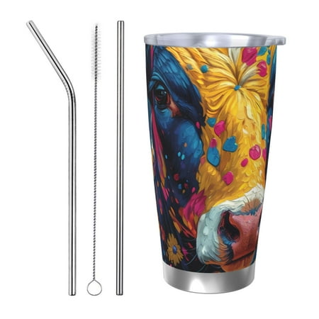 

Qekee Colorful Daisy Sunflower Cow Print 20OZ Car Cup Stainless Steel Vacuum Insulated Tumbler Tumbler Cup With Lid And Straw Travel Coffee Mug-Straw Three-piece Set
