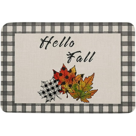 

Hello Fall Indoor Door Mat Entryway Rug Anti-Skid Doormat Decorative Absorbent Washable Floor Mat for House Patio High Traffic Areas Decorch Colorful Maple Leaves and Plaid Texture 20x32 Inch
