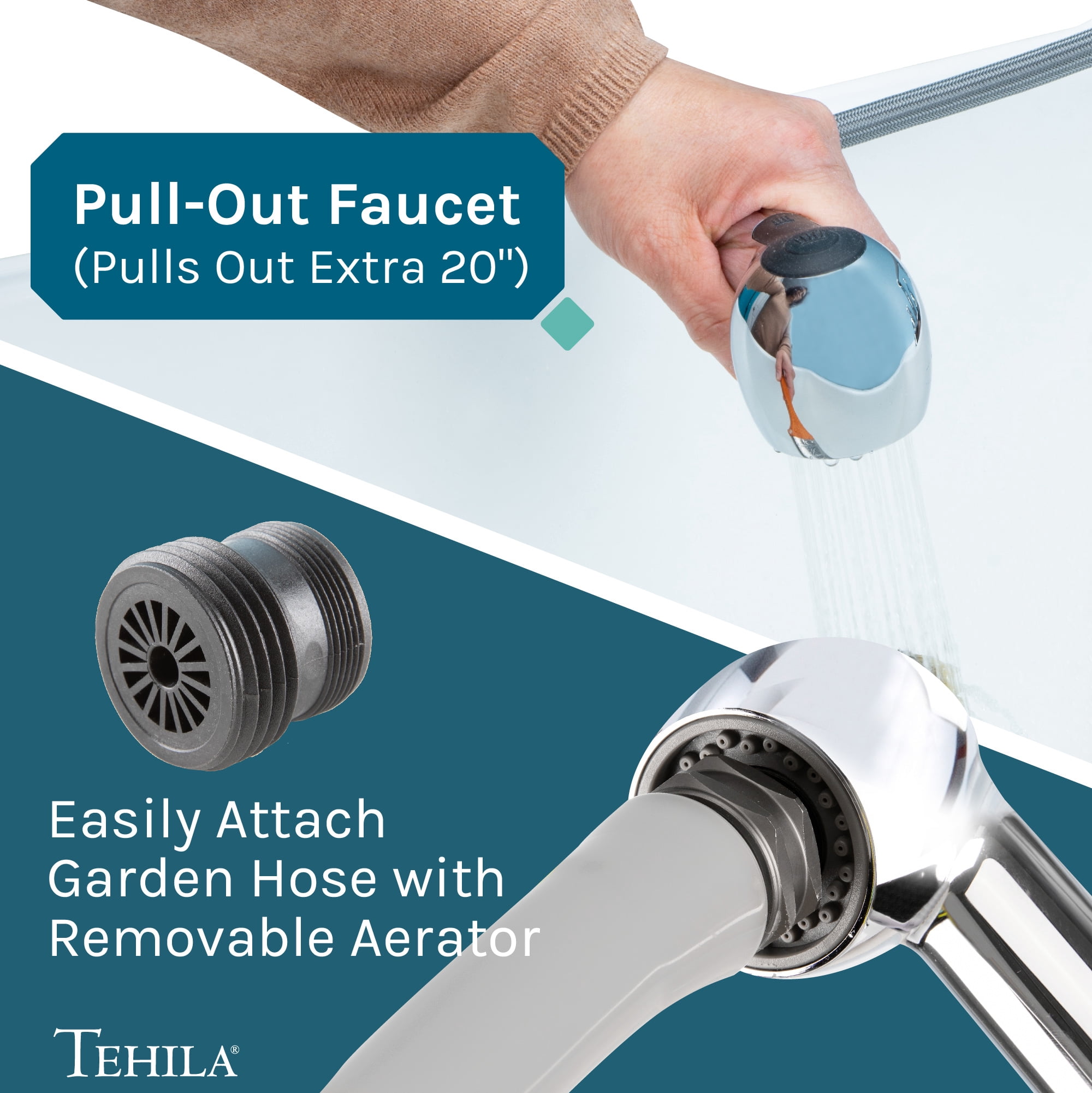 Tehila Wall Mounted White Utility Sink with Chrome Finish Pull-out Faucet