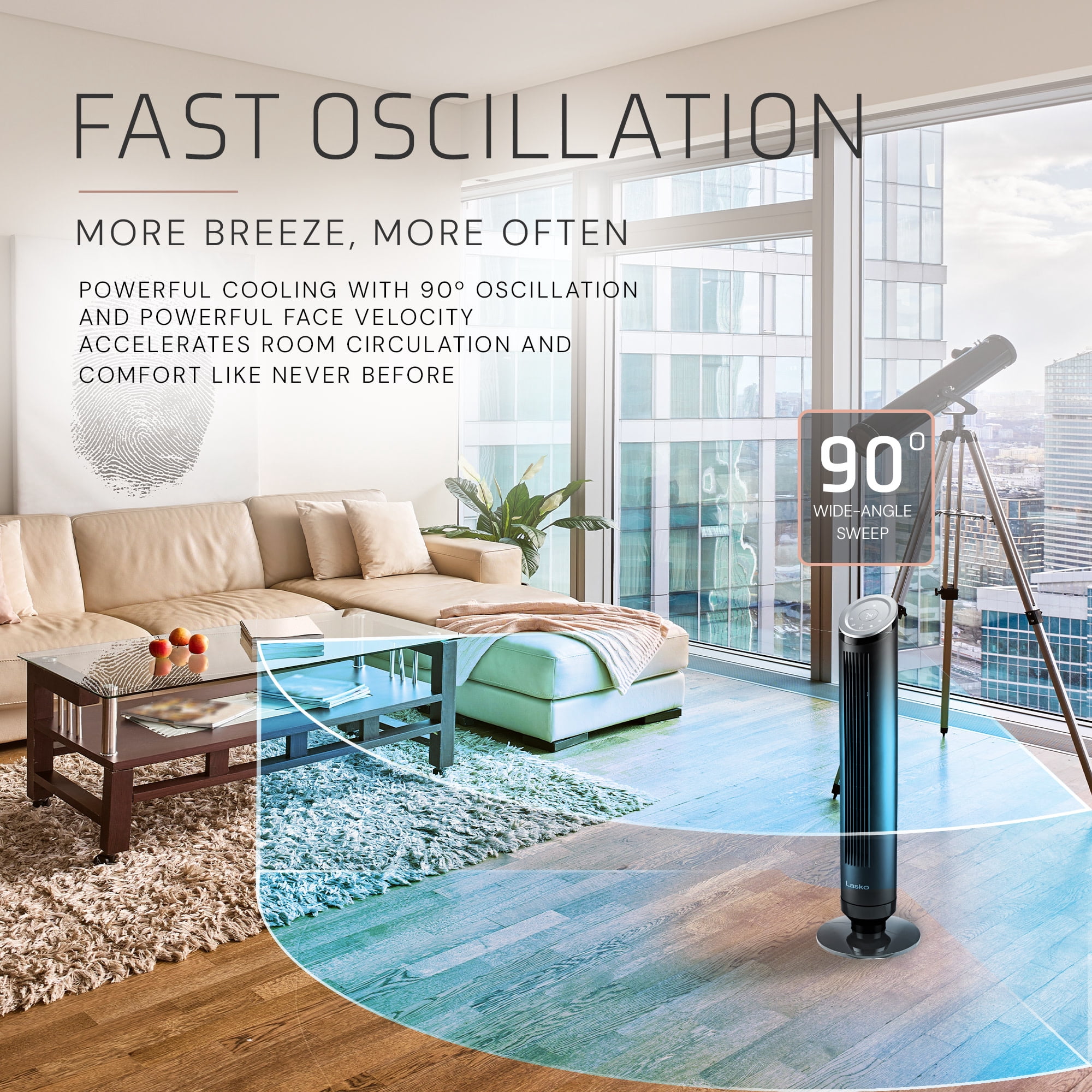 Lasko Ascend 36" 4-Speed Tower Fan 28 ft/s Airflow, 24dBA, Remote Control, Black, OST100