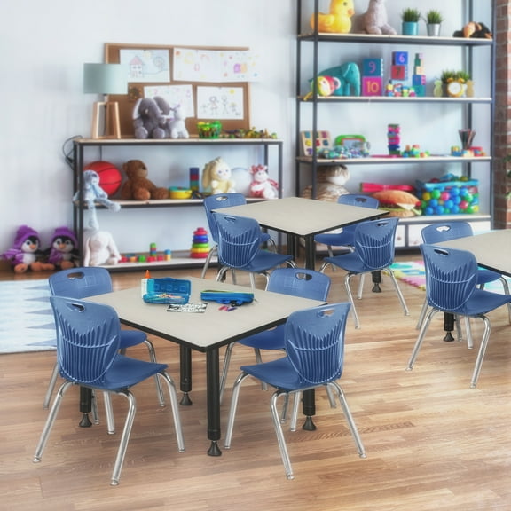 Regency Kee 48" Square Height Adjustable Classroom Table - Maple & 4 Andy 12-in Stack Chairs- Navy Blue