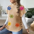 thumbnail image 4 of Women's 3D Floral Sweater Casual Crochet Pullover Tops Side Button Down Turtleneck Sweater Khaki Free Size, 4 of 6