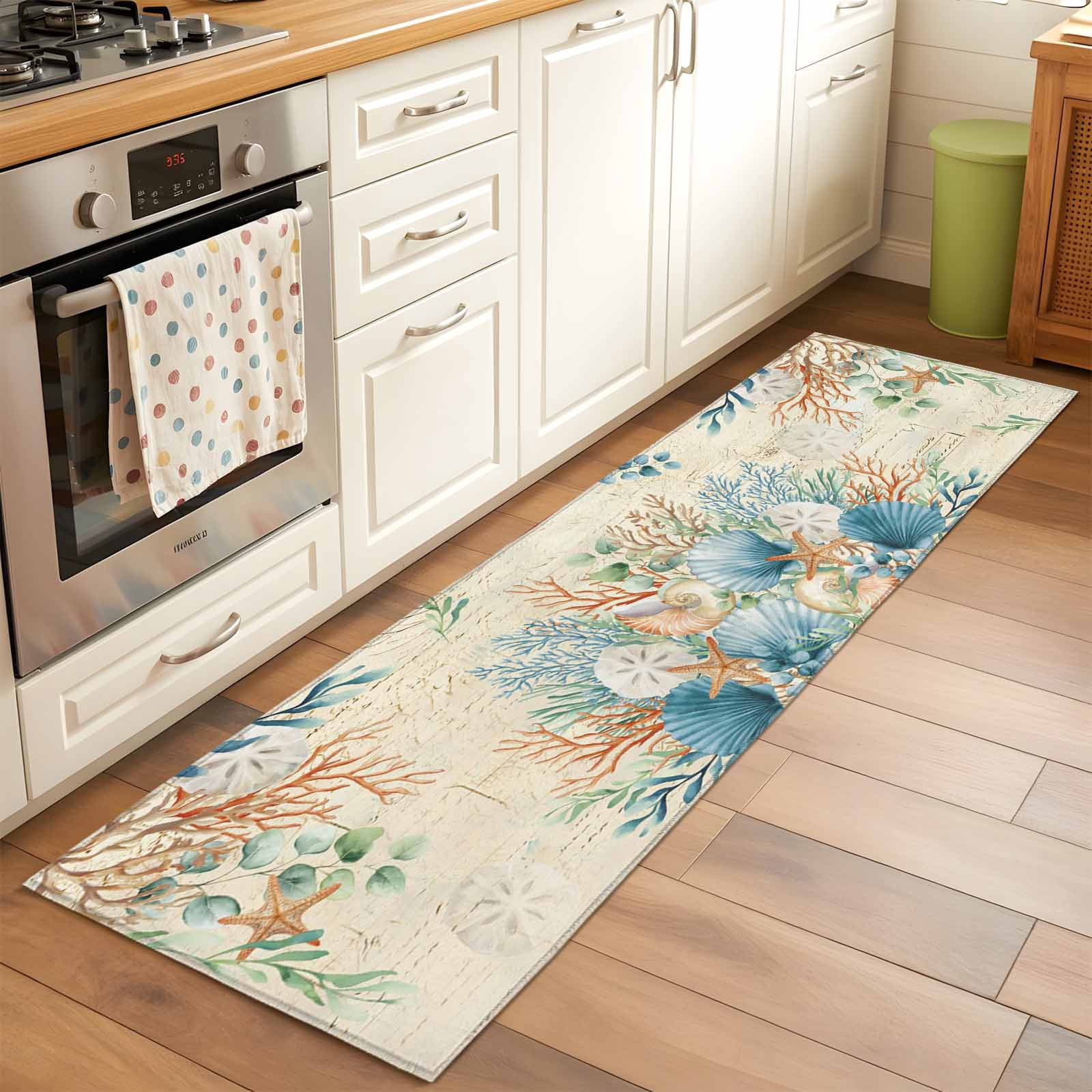 Kitchen Runner 2 x 6 Ft, Beige Beach Coastal Non-Slip Residential Carpet, Summer Nautical Coral Shell Botanical Indoor Crawling Mats Runner Rugs for Living Room/Dining Room/Bedroom