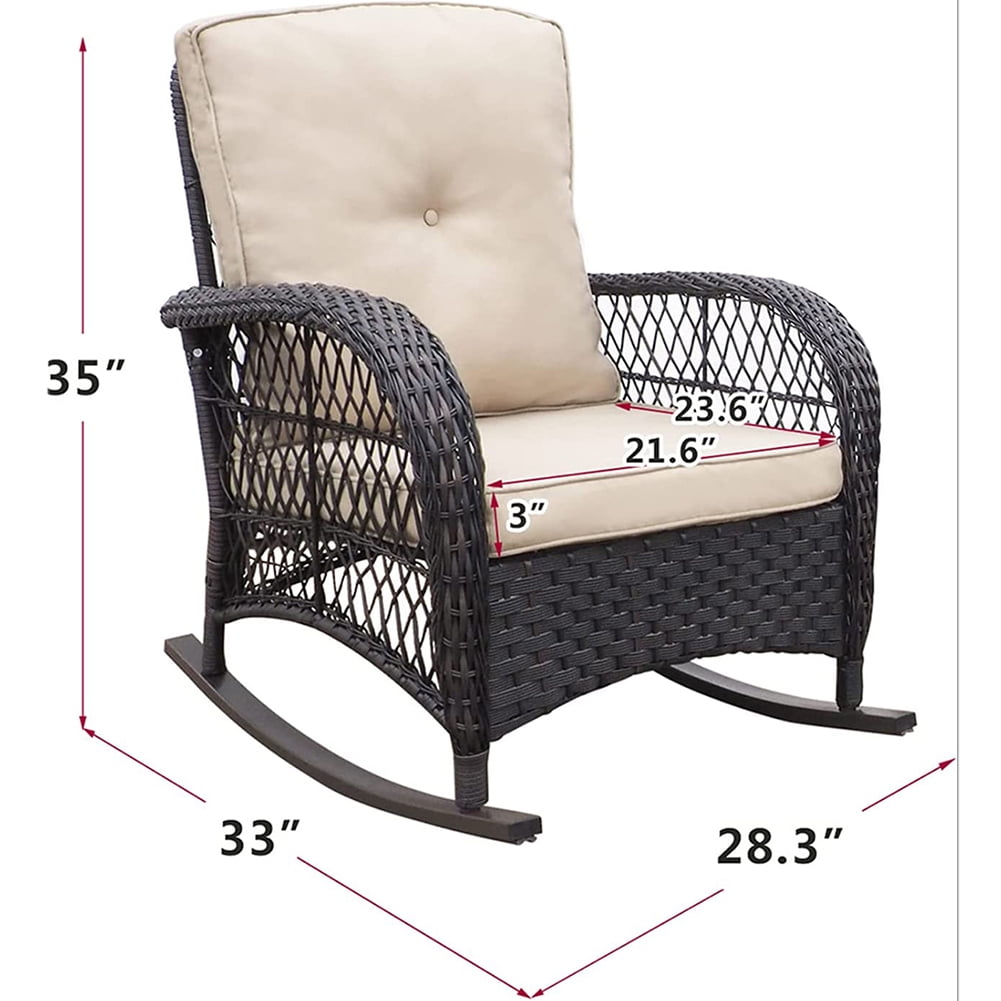 Kadyn Outdoor Patio Wicker Rocker Chair, Rattan Rocking Chair with Soft Cushions, Modern Rocker Chair for Patio, Khaki