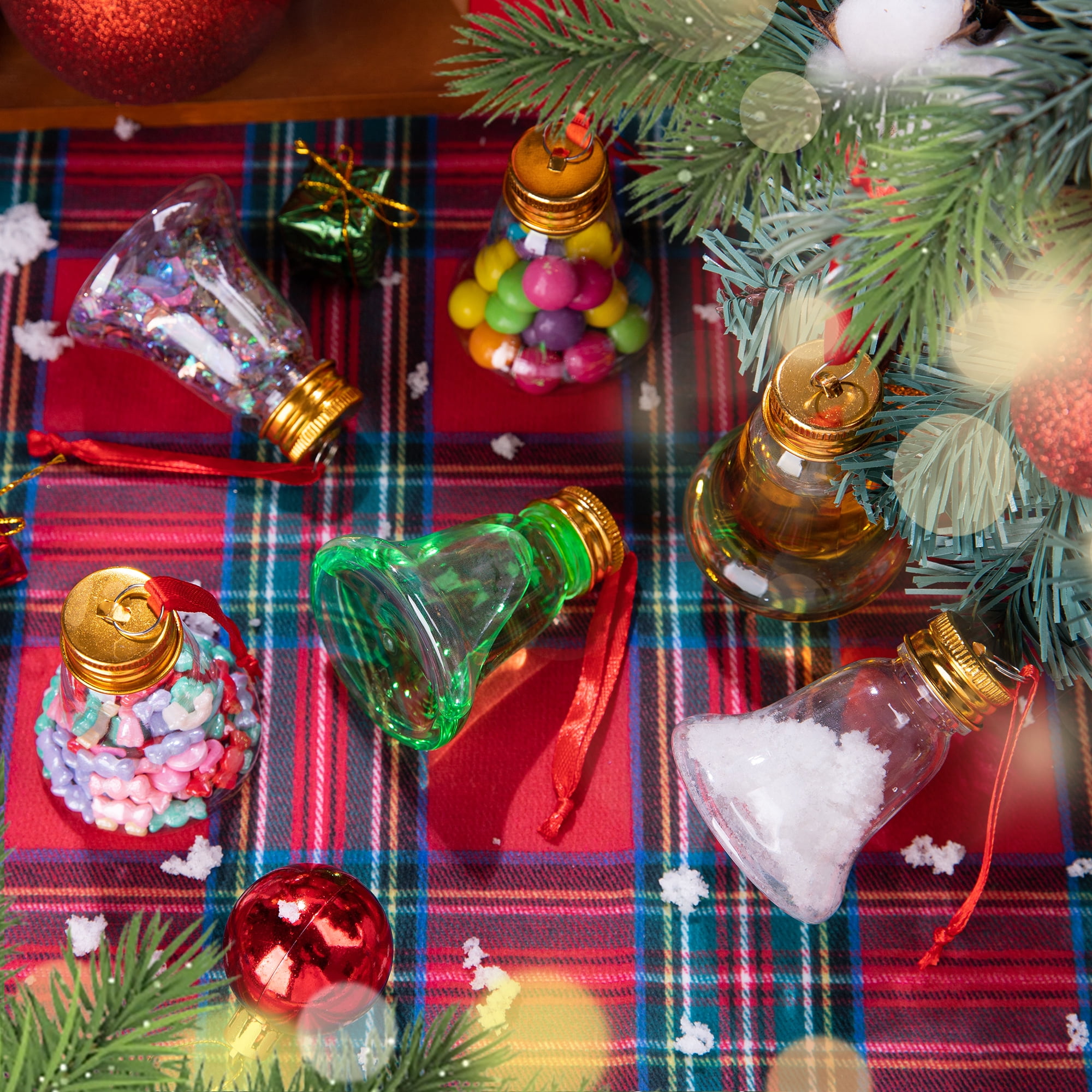 Fillable Christmas Ornament Drink Balls, 50ml Reusable Plastic Bell-Shaped Ornaments, 6-Piece Set for Tree Hanging and Holiday Decorating