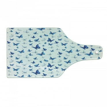 Butterflies Cutting Board, Butterflies Patterns Seasonal Jolly Rainforest Wilderness Illustration, Tempered Glass Cutting and Serving Board, Wine Bottle Shape, Blue White Black, by Ambesonne