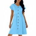 thumbnail image 4 of LIaqionyy Women Short Sleeve Dresses V Neck Button down Sundress Summer Casual Beach Vacation Dress with Pockets, 4 of 6