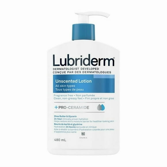 Lubriderm Unscented Lotion, Shea Butter and Glycerin, Dry Skin, Hand, Face Moisturizer, Fragrance Free, 480 mL