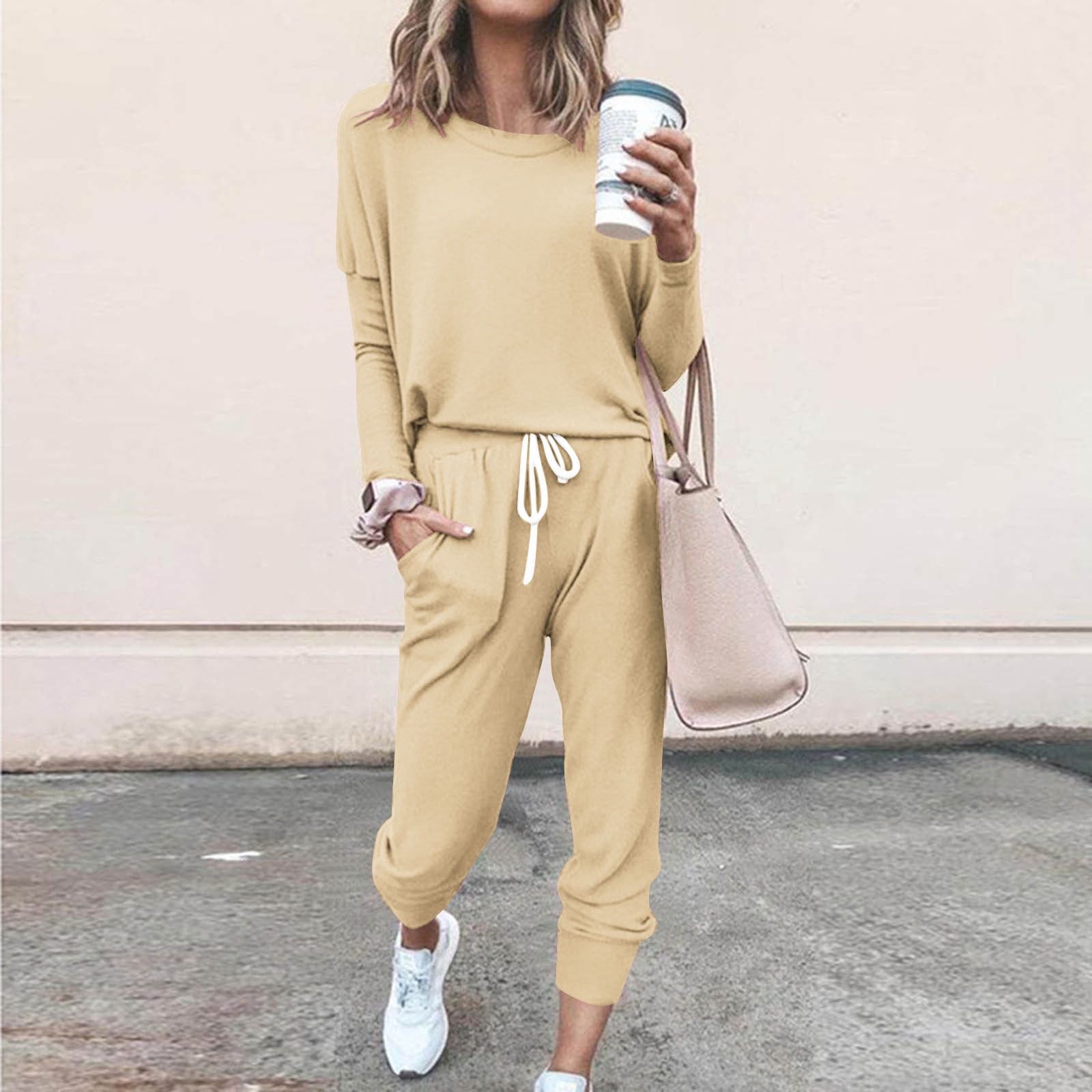 YUGYXL Jogger Sets for Women 2 Piece Lounge Sets Long Sleeve Tops Sweatpant Sweatsuits Set Casual Workout Tracksuits Outfits Khaki L
